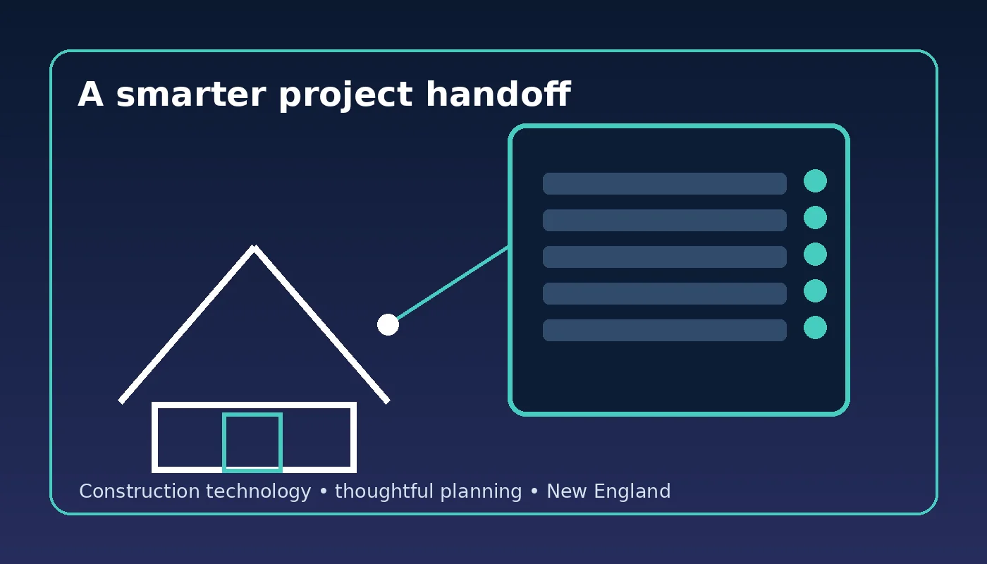 Construction technology illustration showing a framed home and digital field information