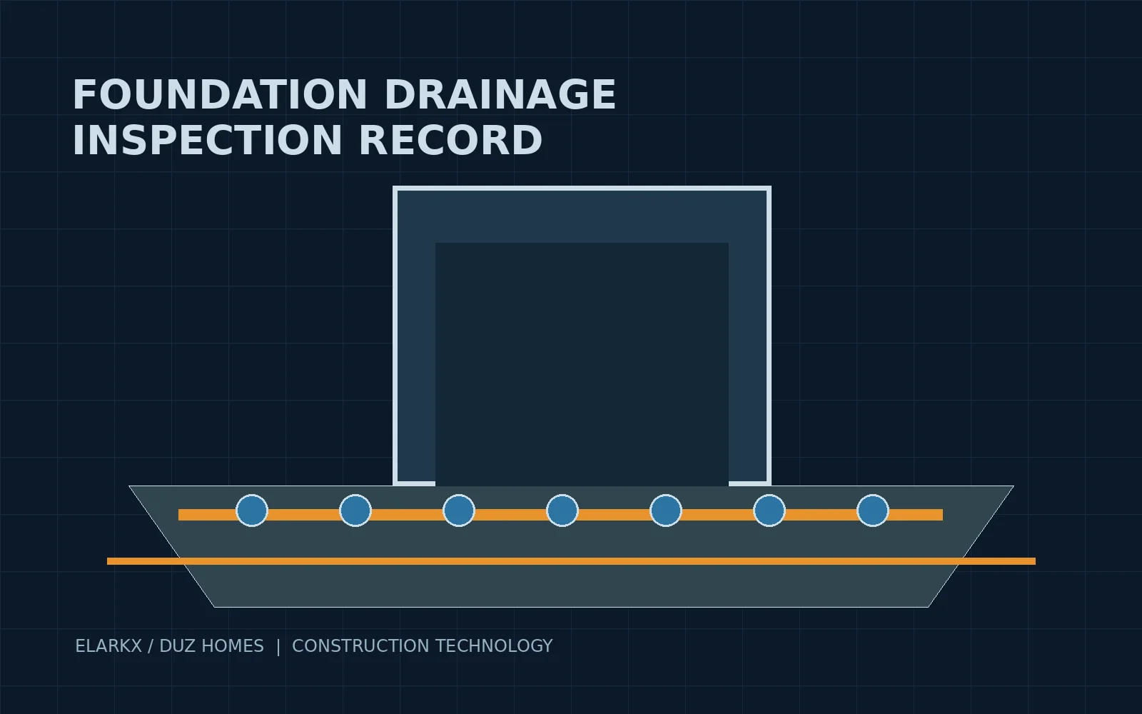 Foundation drainage pipe and washed stone beside a new residential foundation with a builder reviewing a digital inspection record