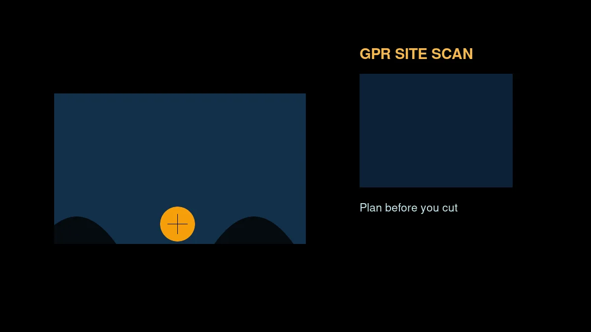 Illustration of a home renovation wall scan showing concealed utilities and framing with ground-penetrating radar