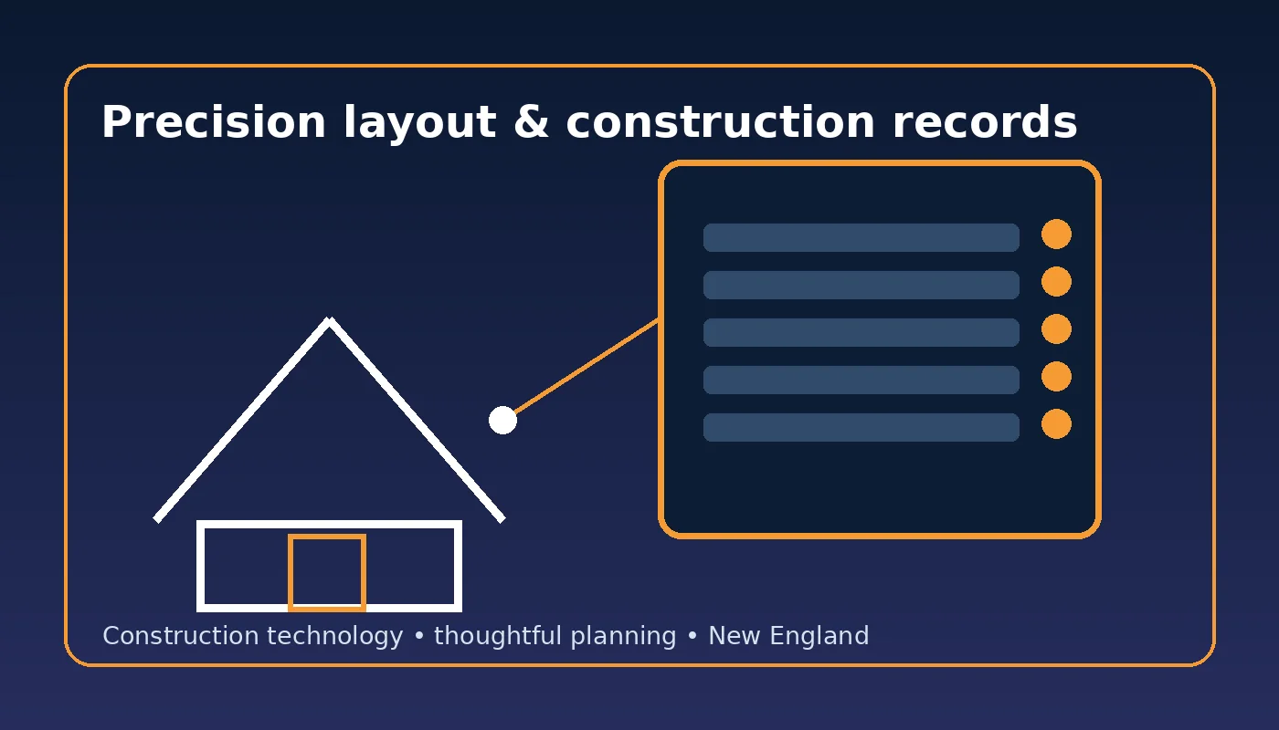 Construction technology illustration showing a framed home and digital field information