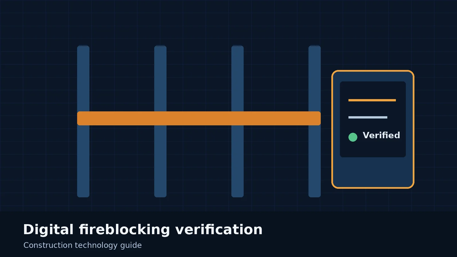Illustration of a residential wall framing review with labeled fireblocking and a digital verification tablet